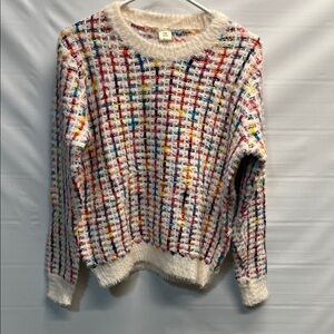 TR Notes Multicolor Textured Knit Sweater Fuzzy Trim M/L